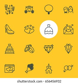 Vector Illustration Of 16 Wedding Icons. Editable Pack Of Love, Patisserie, Bridal Bouquet And Other Elements.