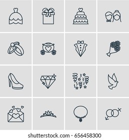 Vector Illustration Of 16 Wedding Icons. Editable Pack Of Brilliant, Sandal, Engagement Elements.