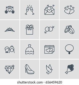 Vector Illustration Of 16 Wedding Icons. Editable Pack Of Sexuality Symbol, Wedding Gown, Sandal Elements.