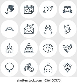 Vector Illustration Of 16 Wedding Icons. Editable Pack Of Bridegroom Dress, Love, Calendar And Other Elements.