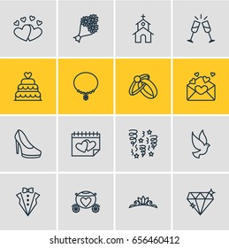 Vector Illustration Of 16 Wedding Icons. Editable Pack Of Pigeon, Decoration, Calendar And Other Elements.