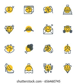 Vector Illustration Of 16 Wedding Icons. Editable Pack Of Wedding Gown, Bridegroom Dress, Building And Other Elements.