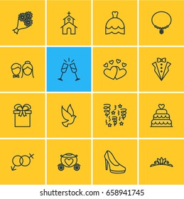 Vector Illustration Of 16 Wedding Icons. Editable Pack Of Pigeon, Sexuality Symbol, Couple And Other Elements.