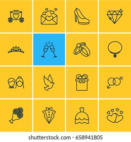 Vector Illustration Of 16 Wedding Icons. Editable Pack Of Sandal, Engagement , Wedding Gown Elements.