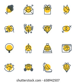 Vector Illustration Of 16 Wedding Icons. Editable Pack Of Jewelry, Pigeon, Building And Other Elements.