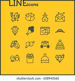 Vector Illustration Of 16 Wedding Icons. Editable Pack Of Sexuality Symbol, Card, Engagement And Other Elements.