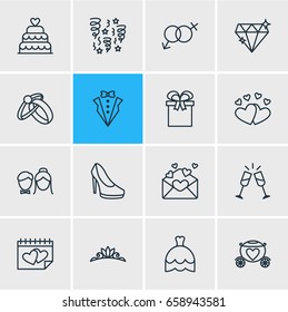 Vector Illustration Of 16 Wedding Icons. Editable Pack Of Bridegroom Dress, Calendar, Sandal Elements.