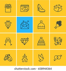 Vector Illustration Of 16 Wedding Icons. Editable Pack Of Card, Love, Present And Other Elements.