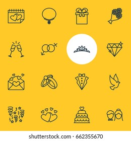 Vector Illustration Of 16 Wedding Icons. Editable Pack Of Present, Decoration, Bridal Bouquet And Other Elements.