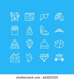 Vector Illustration Of 16 Wedding Icons. Editable Pack Of Accessories, Pigeon, Engagement And Other Elements.