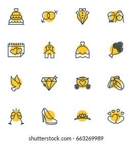 Vector Illustration Of 16 Wedding Icons. Editable Pack Of Pigeon, Sandal, Wedding Gown Elements.