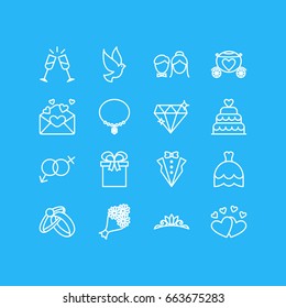 Vector Illustration Of 16 Wedding Icons. Editable Pack Of Jewelry, Wedding Gown, Card And Other Elements.