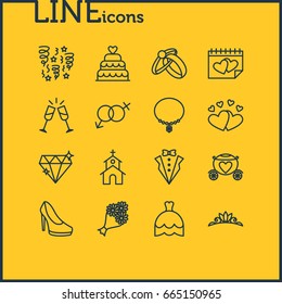 Vector Illustration Of 16 Wedding Icons. Editable Pack Of Engagement, Brilliant, Wineglass And Other Elements.