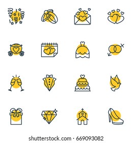 Vector Illustration Of 16 Wedding Icons. Editable Pack Of Patisserie, Calendar, Sexuality Symbol And Other Elements.