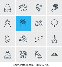 Vector Illustration Of 16 Wedding Icons. Editable Pack Of Couple, Pigeon, Building And Other Elements.