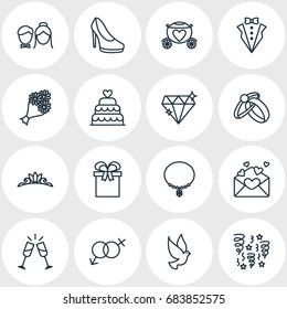 Vector Illustration Of 16 Wedding Icons. Editable Pack Of Brilliant, Bridal Bouquet, Bridegroom Dress And Other Elements.