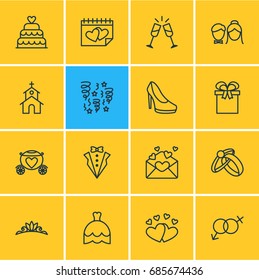 Vector Illustration Of 16 Wedding Icons. Editable Pack Of Sexuality Symbol, Love, Patisserie And Other Elements.