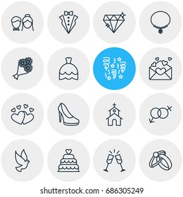 Vector Illustration Of 16 Wedding Icons. Editable Pack Of Engagement, Card, Wedding Gown And Other Elements.