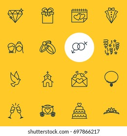 Vector Illustration Of 16 Wedding Icons. Editable Pack Of Sexuality Symbol, Calendar, Jewelry And Other Elements.