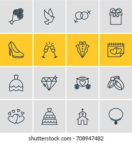 Vector Illustration Of 16 Wedding Icons. Editable Pack Of Bridal Bouquet, Sexuality Symbol, Wineglass And Other Elements.