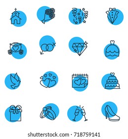 Vector Illustration Of 16 Wedding Icons. Editable Pack Of Sandal, Sexuality Symbol, Engagement Elements.