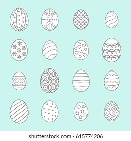 Vector illustration: 16 white  egg icons with black stroke ornament for Easter holidays design isolated on light blue background.
