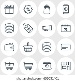 Vector Illustration Of 16 Wholesale Icons. Editable Pack Of Buy, Pocketbook, Tag And Other Elements.