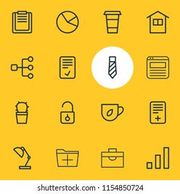 Vector illustration of 16 workplace icons line style. Editable set of plus, tea, table lamp and other icon elements.