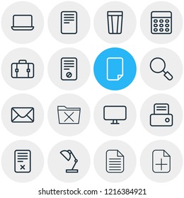 Vector illustration of 16 workplace icons line style. Editable set of ban, add, uninstall and other icon elements.