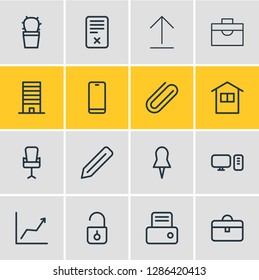 Vector illustration of 16 workplace icons line style. Editable set of briefcase, graph, clip and other icon elements.