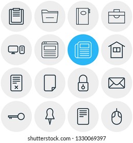 Vector illustration of 16 workplace icons line style. Editable set of mail, briefcase, pushpin and other icon elements.