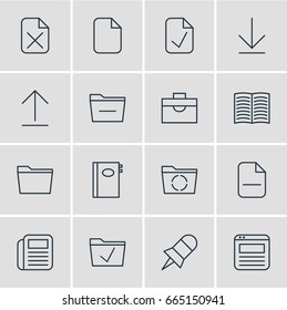 Vector Illustration Of 16 Workplace Icons. Editable Pack Of Install, Page, Deleting Folder And Other Elements.