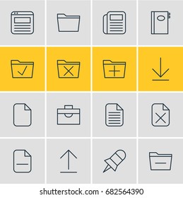 Vector Illustration Of 16 Workplace Icons. Editable Pack Of Install, Delete, Document And Other Elements.