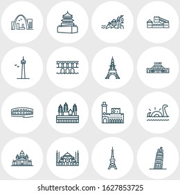 Vector illustration of 16 world landmarks icons line style. Editable set of arena di verona, angkor wat, gateway arch and other icon elements.