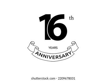 Vector illustration of 16 years anniversary logo with black color on white background. Black and white anniversary logo celebration. Good design for invitation, banner, web, greeting card, etc.
