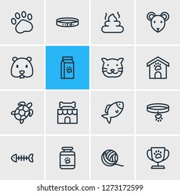 Vector illustration of 16 zoo icons line style. Editable set of hamster, pet poo, collar and other icon elements.