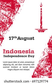 Vector illustration for 17 August Indonesia Independence day in grunge style. Design template for poster, banner,flayer,greeting, invitation cards. Independence day card.Indonesia national day design