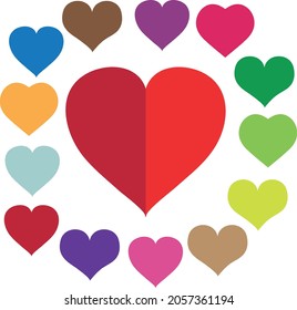Vector illustration of 17 hearts, multicolored, with a large heart divided in half. on a white background