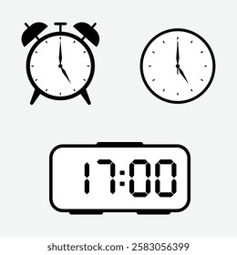 vector illustration of 17 o'clock, timer and 17 o'clock alarm