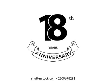 Vector illustration of 18 years anniversary logo with black color on white background. Black and white anniversary logo celebration. Good design for invitation, banner, web, greeting card, etc.
