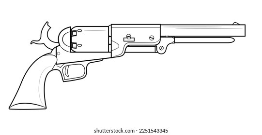 Vector illustration of the 1847 Colt Walker revolver with cocked hammer on the white background. Right side.