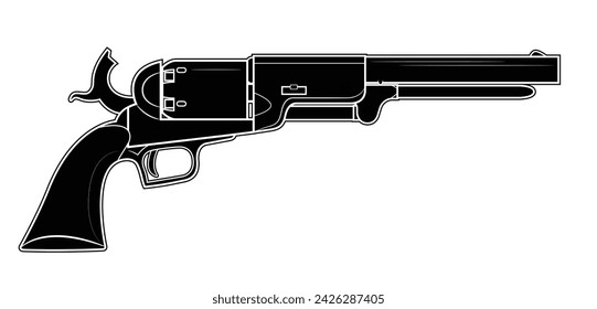 Vektor-Illustration des 1847 Colt Walker Revolvers mit gespanntem Hammer auf dem weißen Hintergrund. Schwarz. Rechte Seite.