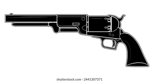 Ilustración vectorial del revólver Colt Walker de 1847 sobre fondo blanco. Negro. Lado izquierdo.