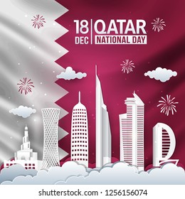 Vector illustration of 18th December Qatar national day celebration with city skyline, qatar flag and fireworks in paper cut style