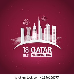 Vector illustration of 18th December Qatar national day celebration with city skyline and fireworks