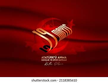 vector illustration 19 May Ataturk Anma, Genclik ve Spor Bayramiz, translation: 19 May Commemoration of Ataturk, Youth and Sports Day, Turkish holiday graphic design, children's logo.