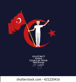 vector illustration 19 may Commemoration of Ataturk, translation: 19 may Commemoration of Ataturk, Youth and Sports Day, graphic design to the Turkish holiday, children logo.