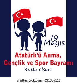 vector illustration 19 may Commemoration of Ataturk, translation: 19 may Commemoration of Ataturk, Youth and Sports Day, graphic design to the Turkish holiday, children logo.