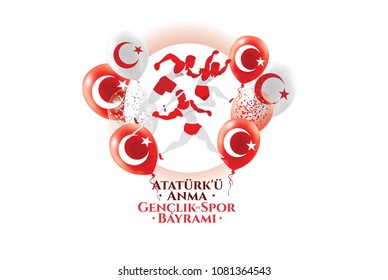 vector illustration 19 mayis Ataturk'u Anma, Genclik ve Spor Bayramiz , translation: 19 may Commemoration of Ataturk, Youth and Sports Day, graphic design to the Turkish holiday, children logo vector