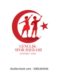 vector illustration 19 mayis Ataturk'u Anma, Genclik ve Spor Bayramiz , translation: 19 may Commemoration of Ataturk, Youth and Sports Day, graphic design to the Turkish holiday, children logo.